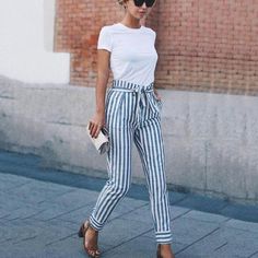 Striped Slim Strap Belt Long Skinny Casual Pants Stripe Pants, Spring Fashion Casual, Spring Fashion Outfits, Business Outfit, Business Casual Outfits, Fashion Mode