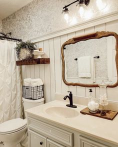 a bathroom with a toilet, sink and mirror in it's centerpieces