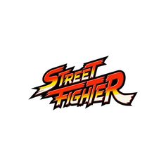 the street fighter logo is shown in red and yellow letters, with an orange flame coming out