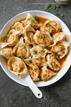 a bowl filled with dumplings covered in sauce and garnished with green onions