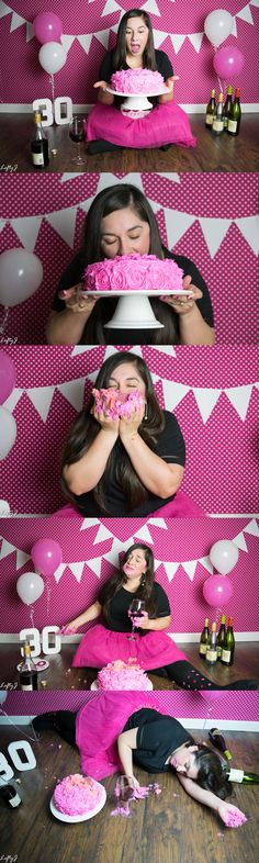 a woman sitting in front of a cake with pink frosting