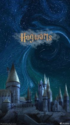 hogwart's castle with the word harry on it and stars in the sky