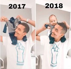 a man holding a baby up to his head