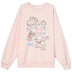 This pink sweat shirt combines an oversized fit with a charming cute puppy print and playful bowknot decoration.   Garment Size   	 		 			Size 			S 			M 			L 		 		 			Full Length 			64.5 			66.5 			68.5 		 		 			Shoulders 			60 			62 			64 		 		 			Bust 			122 			126 			130 		 		 			Hem Circumference 			106 			110 			114 		 		 			Cuff 			20 			21 			22 		 		 			Sleeve Length 			51 			51.5 			52 Oversized Kawaii Cotton Top, Oversized Cotton Kawaii Tops, Cute Oversized Pink Top, Oversized Pink Top With Cartoon Print, Casual Pink Sweatshirt With Cartoon Print, Pink Long Sleeve Sweatshirt With Funny Print, Cute Dog Print Crew Neck Top, Cute Crew Neck Top With Dog Print, Long Sleeve Cotton Sweatshirt With Dog Print