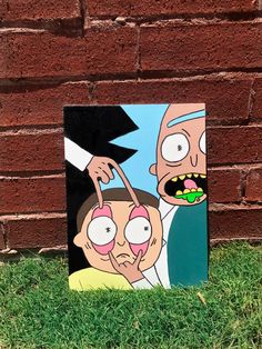 a painting of rick and mort on the grass next to a brick wall with green grass