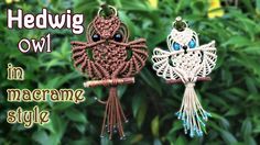 two owl ornaments are hanging from strings in front of some trees and bushes with the words hedwig owl on it