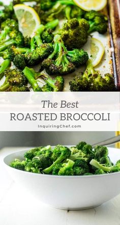 the best roasted broccoli in a white bowl with lemon wedges on top