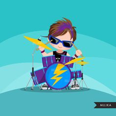 a cartoon boy playing drums with sunglasses on his face and holding the drumstick in front of him