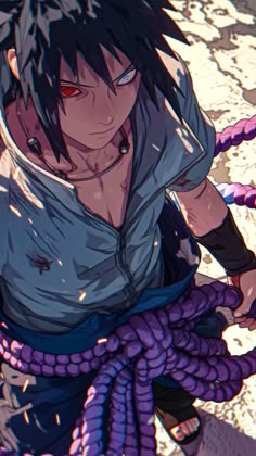 an anime character with black hair and red eyes is holding a purple rope in his hands