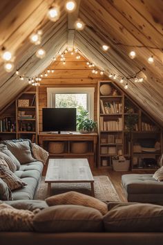 a living room filled with furniture and lots of lights