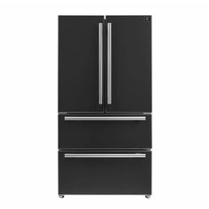 a black refrigerator freezer sitting on top of a white wall