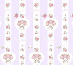 a pink and white striped wallpaper with an image of a bunny in the center