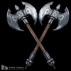 two crossed axes with wooden handles on black background