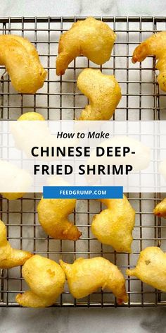 fried shrimp on a wire rack with text overlay how to make chinese deep fried shrimp