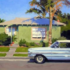 a painting of a classic car parked in front of a green house with palm trees