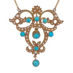 This is part of Chairish’s Fine Jewelry assortment.  A wonderful Continental 14K Gold seed pearl and Persian turquoise pendant/necklace, c.1890. The Pendant has a total of 8 prong set turquoise with two articulated drops. There are Continental marks on the right, one 14 585 and then two unrecognizable hallmarks. On the left is the mark DHJ, the maker. Condition is very good with all original stones and seed pearls.  Dimensions: Pendant: Length: 2", Width: 1 3/4", Total Necklace length: 17", Weig Victorian Turquoise Necklace For Wedding, Necklace C, Persian Turquoise, Turquoise Pendant Necklace, Seed Pearl, Turquoise Pendant, Necklace Length, Prong Setting, 19th Century