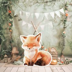 an illustration of a fox sitting on the floor in front of a forest backdrop with bunting flags