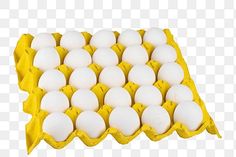 an egg carton filled with white eggs on top of a yellow tray, transparent background