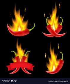 hot peppers with fire and red ribbon on black background