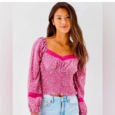 American Eagle Outfitters Pink Smocked Crop Long Sleeve Top New Size Large Feminine Fall Smocked Top With Smocked Back, Fall Feminine Smocked Top With Smocked Back, Feminine Smocked Top With Smocked Back For Fall, Feminine Smocked Top For Fall, Feminine Pink Smocked Top For Fall, Fall Pink Tops With Smocked Back, Trendy Long Sleeve Smocked Top With Floral Print, Trendy Smocked Top With Smocked Back For Fall, Trendy Fall Smocked Top