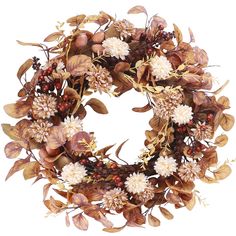 a wreath with flowers and leaves on it