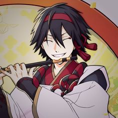 an anime character with black hair holding a flute