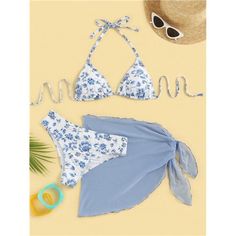 -Item Id 16614905 -Color: Baby Blue -Pattern Type: Floral -Details: Knot -Bottom Type: Bikinis -Bra Type: Triangle -Neckline: Halter -Number Of Pieces: 3 Piece Set -Fabric: High Stretch -Care Instructions: Hand Wash,Do Not Dry Clean -Chest Pad: Removable Padding -Bikini Tops & Bikini Bottoms Material: Fabric -Bikini Tops & Bikini Bottoms Composition: 82% Polyester, 18% Elastane -Bikini Tops & Bikini Bottoms Body: Lined **Open To Offers!!!** **Bundle To Save More** **30% Off Bundles Of 2 Or More Swimming Spa, Floral Swimwear, High Cut Swimsuit, Beach Sarong, Coverup Skirt, Beach Skirt, Cute Swimsuits