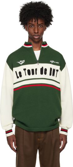 Knit polyester- and wool-blend sweater. · Stripes at rib-knit stand collar and cuffs · Half-zip closure · Logo and text embroidered at chest · Jacquard text and stripes at front and back Supplier color: Green Merch Aesthetic, Jersey Sweater, Raglan Sweater, Turquoise And Purple, Hand Knitted Sweaters, Knitwear Men, Brown Sweater, Cycling Jersey, Knitted Pullover Sweaters