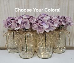 three mason jars with purple flowers in them and the words choose your colors on it