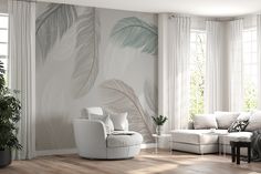 a living room filled with white furniture and large plants on the wall next to windows