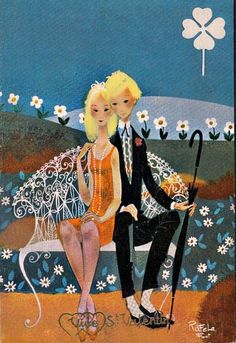 a painting of two people sitting on a bench with an umbrella and flowers in the background