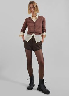 Neri Mini Shorts - Brown Chic Short Bottoms For Fall, Chic Short Length Fall Bottoms, Chic Fitted Workwear Shorts, Chic Bottoms With Built-in Shorts For Fall, Chic Fitted Shorts For Workwear, Brown Shorts For Workwear, Brown Workwear Shorts, Brown Shorts For Workwear In Fall, Brown Shorts For Workwear And Fall Season