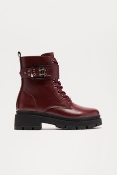 Available In Burgundy And Black. Booties Lace Up Detail Round Toe Low Block Heel Imported | Tory Combat Boots in Burgundy size 7 by Fashion Nova Burgundy Fashion, Maroon Leather, Red Boots, Low Block Heels, Black Booties, Leather Boots, Combat Boots, Block Heels, Fashion Nova