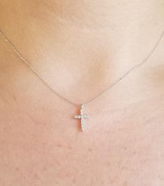 14K SOLID WHITE GOLD SMALL CROSS NECKLACE WITH DIAMONDS Here is a dainty, delicate and simple, yet classy minimalist Diamond Cross Necklace. This is 14k Solid Gold. (We do not sell filled or plated jewelry) Perfect for everyday use. Metal : 14K Solid Gold Necklace Length : 16 inches / 40cm Cross Height : 15mm Cross Width : 9mm Diamond : 11 Diamonds Each Diamond 1.5mm --- Nice White Color Sparkle Diamonds ---- G-H color SI2 clarity Total Carat: 0.17ct ---MADE IN USA--- ---Absolutely stunning. Com Cross Minimalist, Gold Diamond Cross Necklace, Small Cross Necklace, Diamond Cross Necklace Gold, Classy Minimalist, Diamond Cross Necklace, Evil Eye Necklace Gold, Heart Necklace Diamond, Solid Gold Necklace