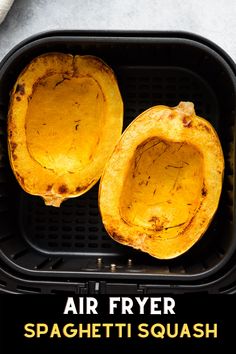 air fryer spaghetti squash in an air fryer with the words air fryer spaghetti squash