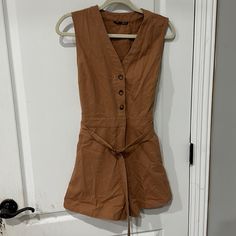 Shein Romper Size 6 New Never Worn Tan/Brown Sleeveless Brown Jumpsuits For Workwear, Sleeveless Brown Jumpsuit For Day Out, Brown Jumpsuits And Rompers With Pockets For Day Out, Brown Jumpsuits And Rompers For Spring Workwear, Shein Romper, Sheer Pants, Cami Romper, Red Romper, Shein Pants