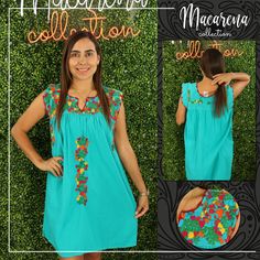 "This lovely Blue dress was handmade in Mexico. The beautiful colorful flowers were embroidered by hand, so each one is unique. You will love wearing this comfortable cotton dress with short sleeves. It is perfect for a hot summer day. This dress comes just above or below the knee, depending on how tall you are. It has a square neckline and cute little puffy sleeves.  Size Medium/Large The measurements on this dress are 21\" wide x 37\" long. About Our Items: Each one of our items is handmade/ha Folk Style Green Embroidered Dress With Floral Details, Green Folk Style Dress With Floral Embroidery, Handmade Green Spring Dress, Green Floral Embroidered Dress For Festival, Green Floral Embroidered Festival Dress, Handmade Blue Dresses For Spring, Handmade Bohemian Dresses With Multicolor Embroidery, Green Summer Dress For Fiesta, Traditional Green Embroidered Summer Dress