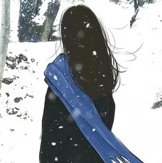 a woman walking in the snow carrying a blue scarf on her back with long hair