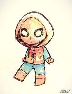 a drawing of a cartoon character with big eyes and a hoodie, standing in front of a white background