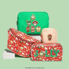 three bags with different designs on them, one is green and the other has red