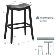 the stool is shown with measurements for each seat and footrests, along with an additional table height