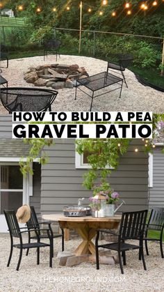 an outdoor fire pit with lights strung over it and the words how to build a pea gravel patio