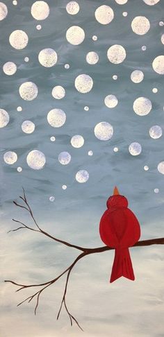 a painting of a red bird sitting on a branch with snow falling off the ground