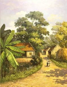 a painting of a dirt road with houses and palm trees in the background, along with a person on a bike