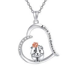 PRICES MAY VARY. ⭐Design Inspiration:A little guinea pig wearing flowers stands in the center of heart, very cute.Engraved message "Love you forever" expresses your love and sincerity.The guinea pig necklace is a great gift for guinea pig fans. ⭐Material: Guinea pig necklace is made of 925 sterling silver. Hypoallergenic, tarnish resistant, nickel-free, lead-free, cadmium-free,suitable for long-term wear, and does not contain any allergenic elements. ⭐Size: The guinea pig necklace size is 0.91in Pig Heart, Pig Necklace, Everyday Jewellery, Necklace Cute, Sterling Pendant, Necklace Size, Guinea Pig, Animal Jewelry, Necklace Sterling Silver