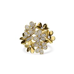 An exquisite floral bouquet. Crafted in 18 karat yellow gold, this bouquet consists of round diamonds around a few flowers within the ring. Make a statement with this piece. Luxury Yellow Gold Flower Ring With Diamonds, Luxury Gold Flower Ring With Gemstone, Fine Jewelry Yellow Gold Flower Ring, Luxury Gold Flower Cluster Ring, Luxury Yellow Gold Flower-shaped Rings, Floral Bouquets, Round Diamonds, Yellow Gold, Yellow