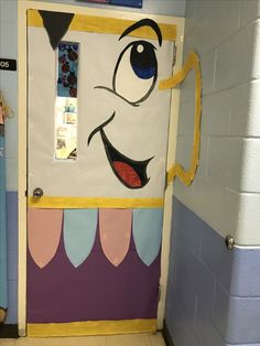 a door decorated to look like a cartoon character