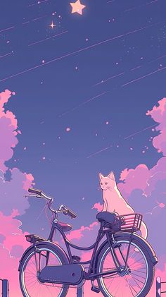 a cat sitting on the back of a bike in front of a sky with stars