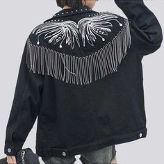 Introducing our Fringe Black Women's Denim Jacket from the 2023 Spring-Summer Collection ââ‚?the ultimate expression of Y2K elegance!Why It's Your Next Summer StapleThis denim jacket is the perfect blend of contemporary fashion and nostalgic Y2K vibes. With its oversized silhouette. buttoned closure. and unique fringed detailing. it's more than just a jacket ââ‚?it's a statement. an anthem. a vibe!Key Highlights: Y2K Galore: Inspired by the iconic '00s vogue movement. this jacket exudes an effor Black Cotton Denim Jacket For Spring, Black Cotton Summer Outerwear, Trendy Black Denim Jacket For Spring, Black Denim Jacket For Summer, Trendy Black Denim Jacket, Black Denim Jacket For Spring, Summer Black Cotton Outerwear, Trendy Black Spring Denim Jacket, Black Cotton Outerwear For Summer