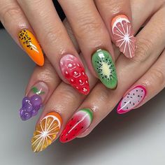 Nail Fruit Designs, Peach Fruit Nails, Summer Theme Nails, Dragonfruit Nails, Lime Nails Design, Fruit Themed Nails, Dragon Fruit Nails, Cute Fruit Nails, Orange Fruit Nails